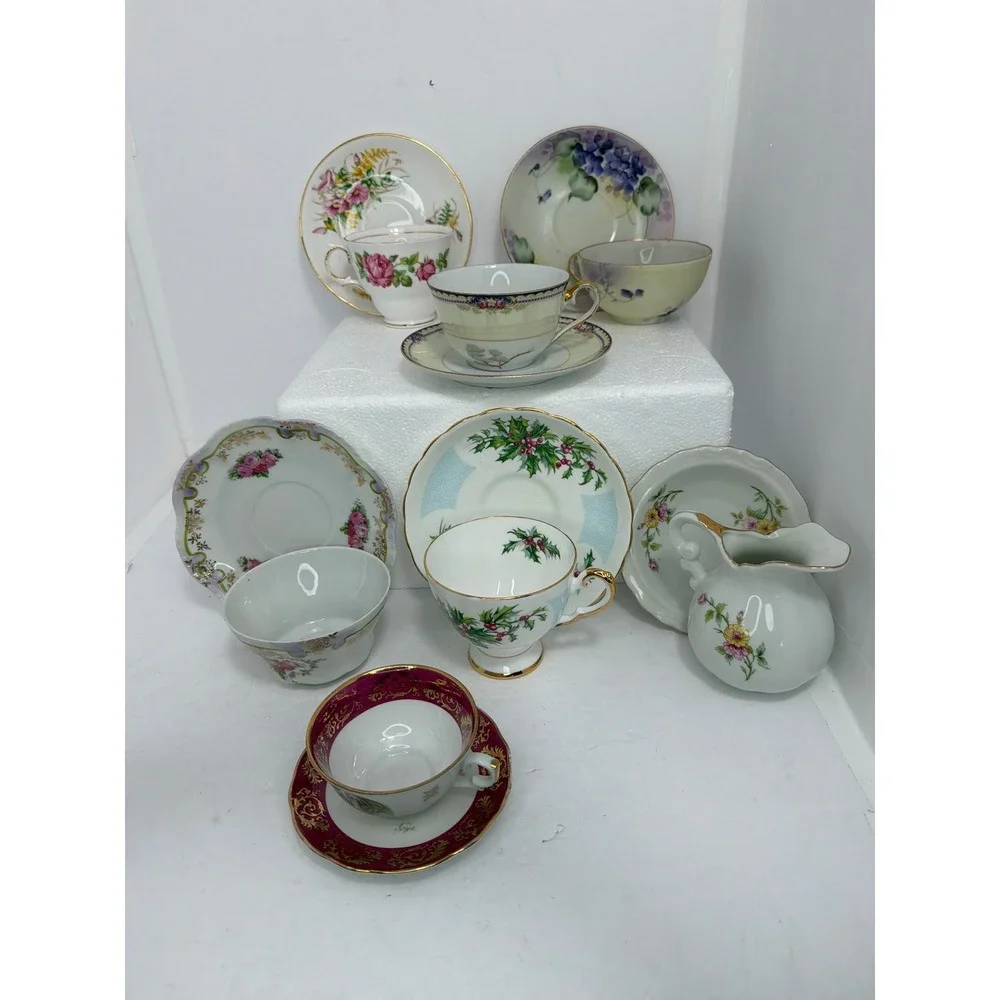 Vintage Mixed Tea Cup and‎ Saucer Set Limoges Lefton Japan Floral Holly 13pc Lot